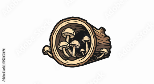 Artistic rendering of mushrooms growing in a hollowed log