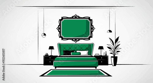 Elegant green tufted bed with ornate mirror, bedside tables, and plant