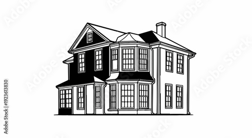 Classic two-story house with bay windows and a chimney