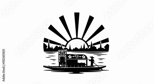 Black silhouette of a gondola-like boat with a figure rowing under rising sun rays