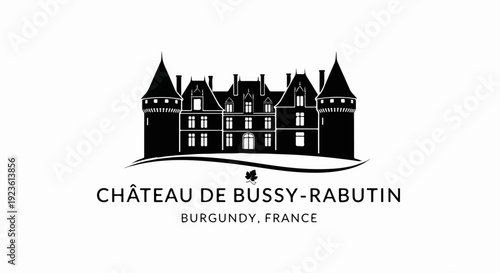 Black silhouette of a grand chateau with towers on white background
