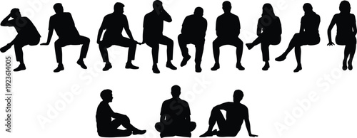 Collection of Black Silhouettes of People Sitting and Standing in Various Poses vector illustration