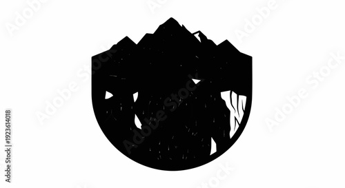 Black silhouette of a mountainous landscape within a shield shape