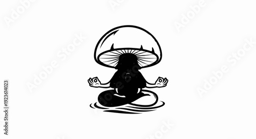 Black silhouette of a mushroom person meditating on water