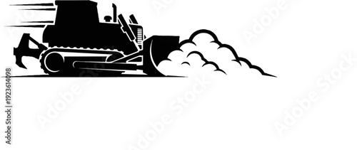Black silhouette of a powerful bulldozer pushing dirt and dust forward