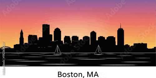 City skyline silhouette against a colorful sunset with two sailboats on water