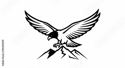 Black and white silhouette of an eagle with outstretched wings soaring above mountains