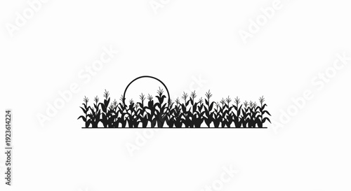 Black silhouette of a sun rising over a cornfield