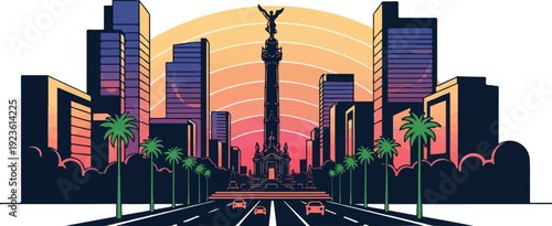 City skyline with monument and palm trees at sunset