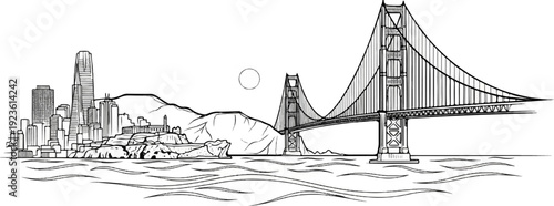 City skyline with iconic bridge and distant sun over rolling hills and choppy water