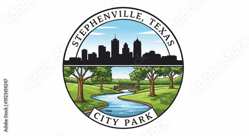 City seal featuring skyline above a park with a creek and bridge