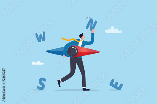 Business direction, guidance or pathway to goal, pointing to the right direction, navigate or explore to progress to target, confuse businessman holding compass direction to explore the right way.