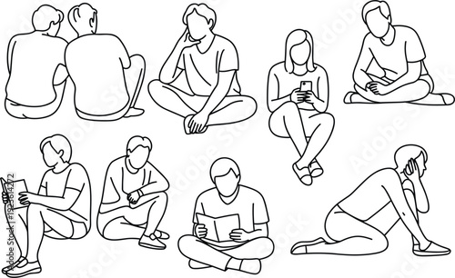 Collection of line art illustrations of people sitting and reading or using phones Keywords: people, sitting, reading, books