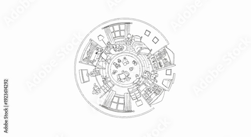 Circular sketch of a cozy room with furniture and windows