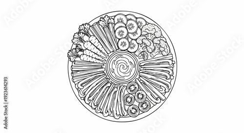 Circular platter with array of fresh raw vegetables and dip