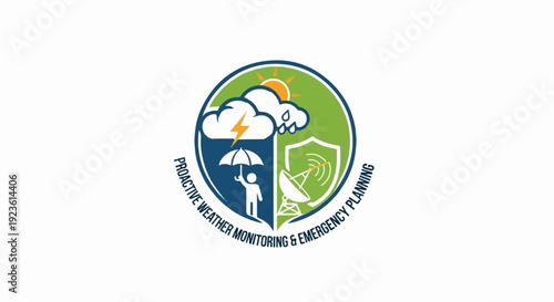 Circular emblem depicts weather monitoring and emergency preparedness services