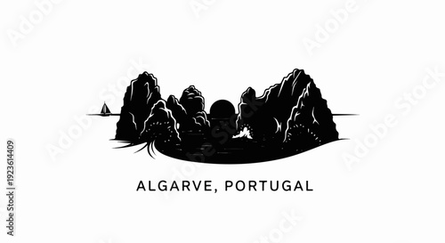 Black silhouette of coastal rock formations and sea with a sailboat