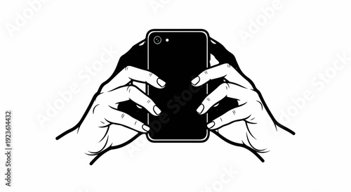Black silhouette of hands holding a smartphone, isolated on a white background