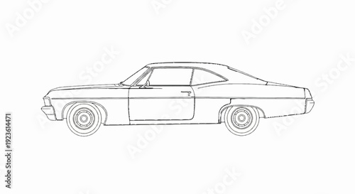 Black and white sketch of a classic two-door automobile from the side