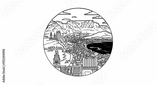 Circular depiction of a city skyline, iconic mountain, and a lion sculpture