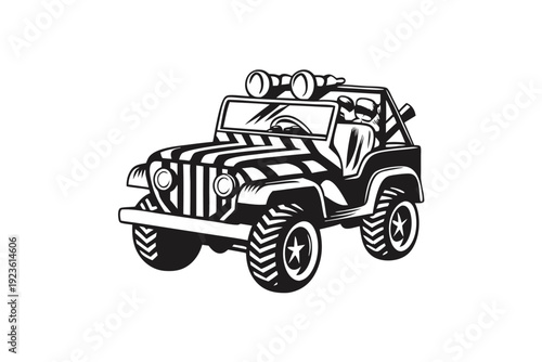 Monochrome off road vehicle silhouette showcases driving figure and substantial tires for rugged terrain