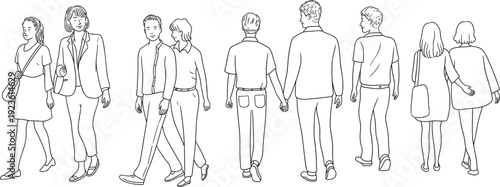 Couples and individuals walking together and apart in line art style Keywords: people, walking, couples, individuals, line art