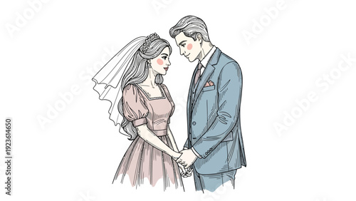 Illustration of a romantic couple holding hands and gazing into each other's eyes with soft, pastel color tones on a white background.