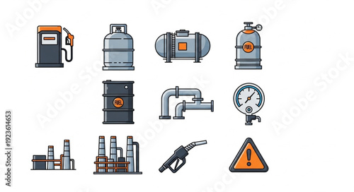 Various industrial equipment and symbols related to the oil and gas industry.