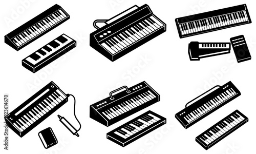Collection of various electronic keyboards and synthesizers displayed in a graphic illustration