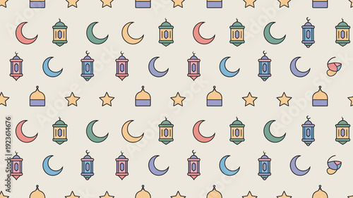 A delightful seamless pattern showcases repeating motifs of colorful crescent moons, traditional lanterns, stars, and mosque domes in soft pastel tones.