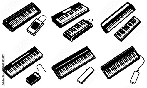 Collection of various keyboards and synthesizers illustrated in black and white