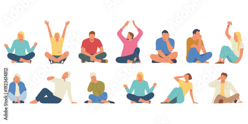 Diverse group of men and women sitting in a cross-legged yoga pose and other relaxed positions people