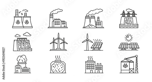 Various industrial energy production methods and environmental impact illustrations.