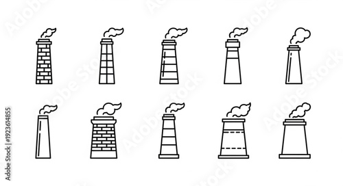 Various industrial chimneys emitting smoke into the atmosphere, pollution concept.