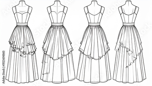 Women’s Asymmetrical Ruffle Skirt – Front and Back Technical Flat Sketch