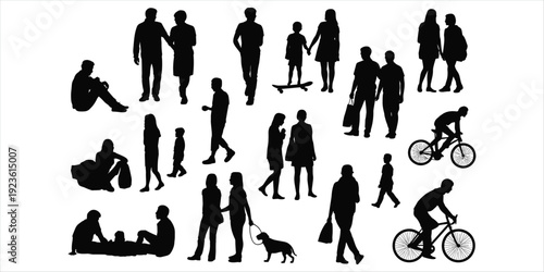 Diverse group of people in silhouette engaged in various activities on a white background woman