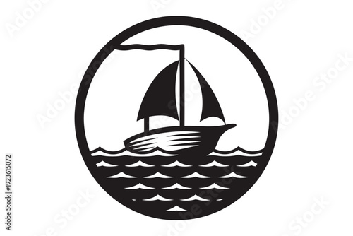 Monochrome sailboat glides peacefully over rhythmic ocean waves inside a sleek oval frame