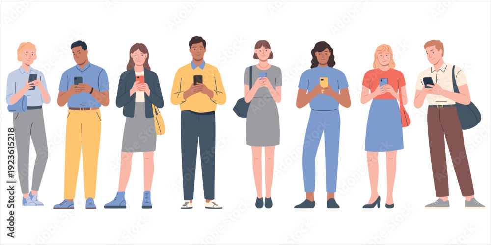 Fototapeta premium Diverse group of people standing and holding mobile phones on a white background smartphone technology