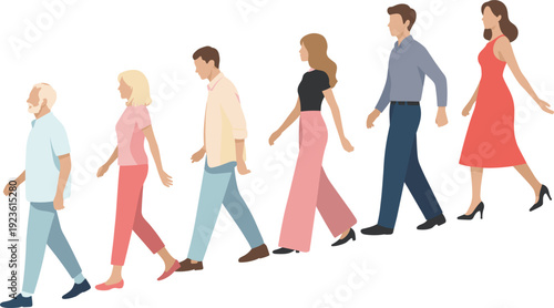 Diverse Group of People Walking in a Line on White Background vector illustration