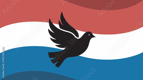 A black dove flies over the Dutch flag with red white and blue colors
