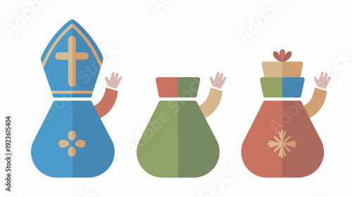 A colorful illustration of three cartoon characters in festive attire