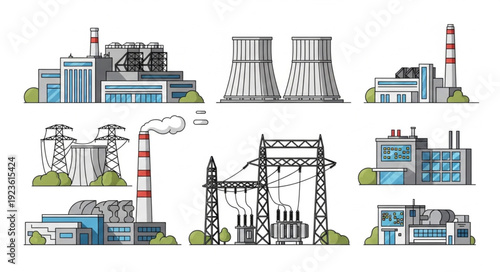 Various industrial buildings and power plants with different designs and structures.