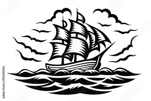 Monochrome silhouette shows a ship sailing on the water beneath stormy clouds and birds