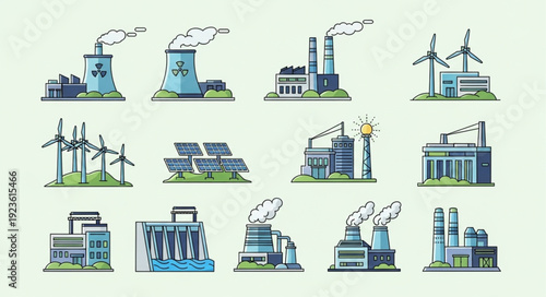 Various industrial buildings and power plants emitting smoke into the atmosphere, representing energy production.