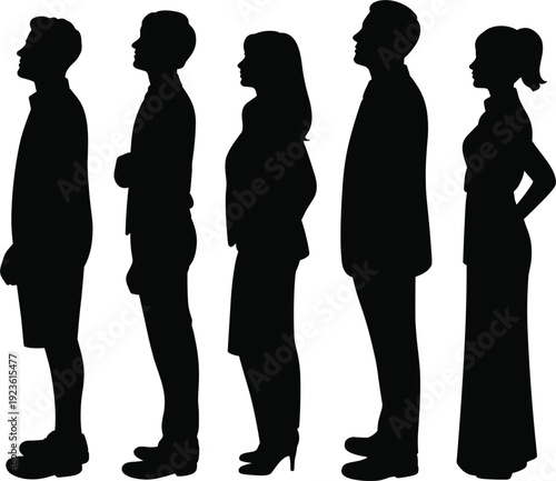 Five diverse people in silhouette standing in profile facing left on a white background women