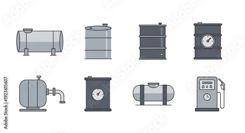 Various industrial storage containers and fuel tanks in a row, isolated on white background.