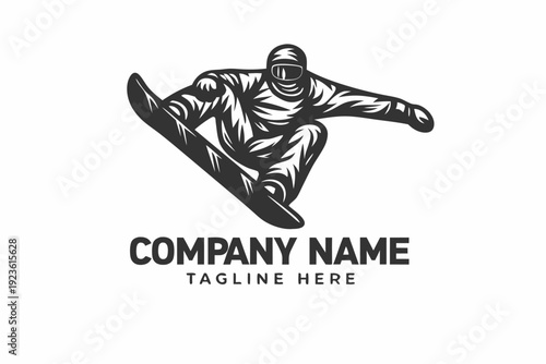 Monochrome snowboarder performs an aerial stunt in detailed line art on white