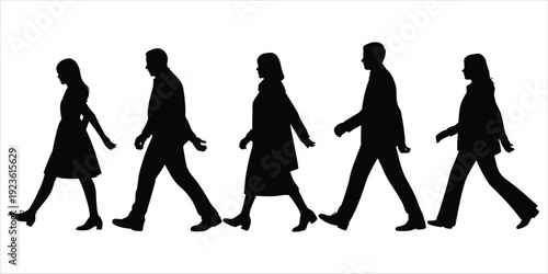 Group of people walking in a line in silhouette on a white background Keywords: people, group, walking, line, silhouette, black