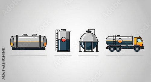 Various industrial storage tanks and a tanker truck for fuel transportation.