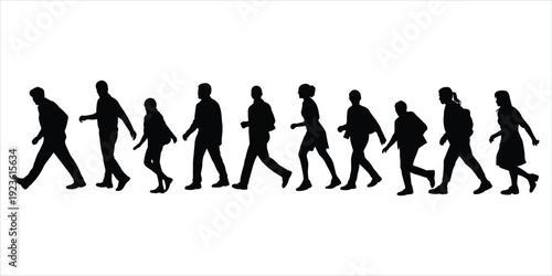 Group of people walking in silhouette against a white background Keywords: people, walking, silhouette, group, men, women